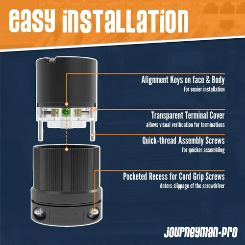 Vista 3 de Journeyman-Pro NEMA TT-30P, 30 amperios, 125 voltios, 3 clavijas macho de hoja recta de 3 clavijas, conector de enchufe para remolque, color negro