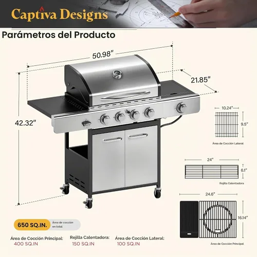 Vista 8 de Captiva Designs 4 Burner Propane Gas BBQ Grills with Infrared Sear Burner Silver