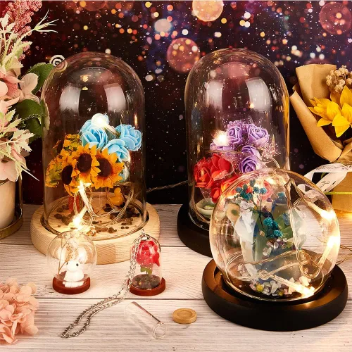 Vista 7 de NBEADS 10 juegos de mini cúpula de cristal de flor eterna, vitrina de vidrio transparente con 2 colores base de madera para el día de San Valentín