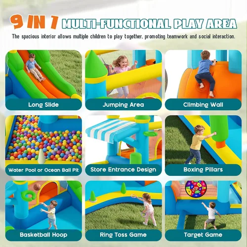 Vista 3 de Albott Inflatable Bounce House Obstacle Course with Blower, for Kids 3-10 Azul océano y verde