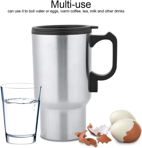 Vista 4 de Hervidor eléctrico pequeño portátil de 12 V, 15.2 fl oz, taza de calefacción de viaje de acero inoxidable, taza de calefacción para automóvil, taza