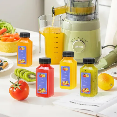 Vista 6 de Botellas de plástico de 8 onzas con tapas, botellas de plástico con tapas negras a prueba de manipulaciones, recipientes de jugo reutilizables