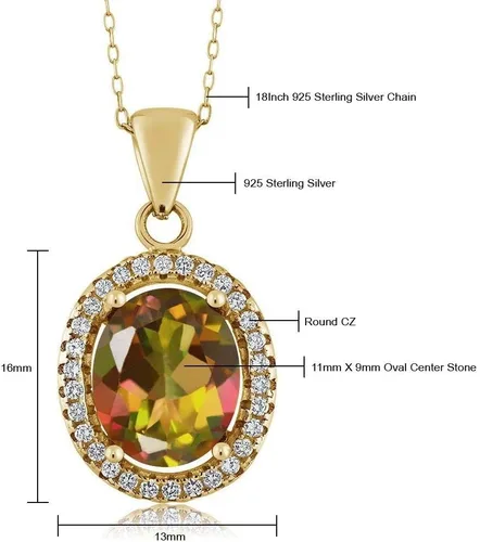 Vista 100 de Gem Stone King Collar con colgante de plata chapada en oro amarillo de 18 quilates de 0.433 x 0.354 in con piedra natal ovalada para mujer