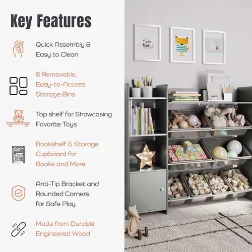 Vista 4 de Sturdis Organizador de almacenamiento de juguetes con estantería, estantería de organización de sala de juegos para niños con contenedores de Gris