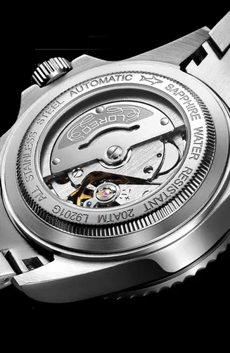 Vista 3 de LOREO Reloj automático de cuero con bisel giratorio para hombre, acero inoxidable, cristal de zafiro, color negro, Negro -, Mecánico