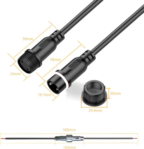 Vista 2 de Conectores Impermeables de 2 Cables, 12AWG Enchufe Conector LED Macho Hembra con Conectores Impermeables de 2 Pines, Cable de Extensión IP68 de 25CM