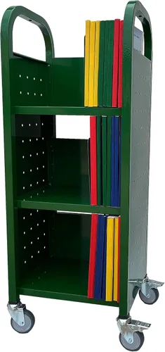 Vista 12 de Workington Carrito de libro con ruedas de un solo banco con 3 estantes planos, carrito de libros de biblioteca con ruedas giratorias bloqueables