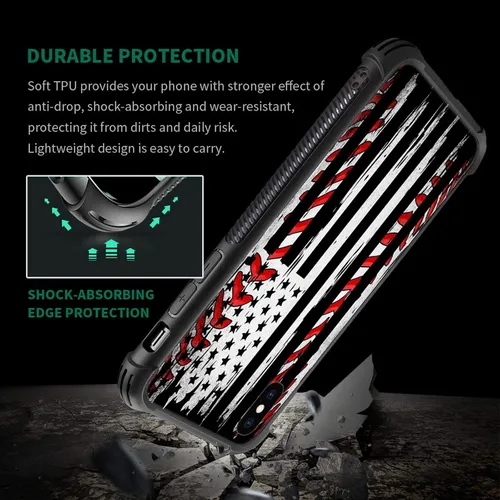 Vista 4 de Funda compatible con iPhone X/XS, diseño de bandera estadounidense de béisbol, TPU suave, a prueba de golpes, de vidrio templado, para iPhone X/XS