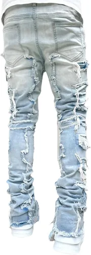 Vista 2 de Jeans apilados para hombre, pantalones de mezclilla rectos desgastados desgastados, ajustados sólidos rasgados, pantalones cargo Harajuku