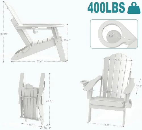 Vista 3 de FOOWIN Adirondack - Silla plegable de polietileno de alta densidad para patio con soporte para tazas, silla de plástico resistente de 400 libras
