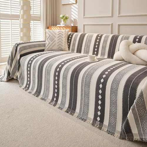 Vista 23 de HANDONTIME Chevron Pattern Couch Cover Vertical Striped Jacquard Sofa Cover Modern Minimalist, Khaki and White, Sofa Covers Washable, Pet Friendly