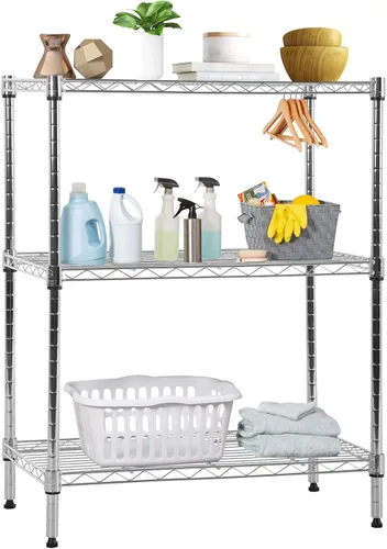 Vista 10 de Estantería de alambre ajustable de 3 niveles, estantes de metal con patas niveladoras, estante de almacenamiento para armario, cocina, baño, estante