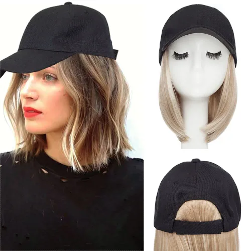 Vista 41 de Hairro Peluca de gorra de béisbol con cabello adjunto, corto estilo Bob ajustable, extensiones de cabello sintético para mujeres, balayage