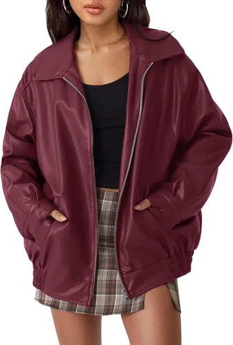 Vista 7 de AUTOMET Chaqueta de piel sintética de gran tamaño para mujer para otoño e Verde Armada (ArmyGreen)
