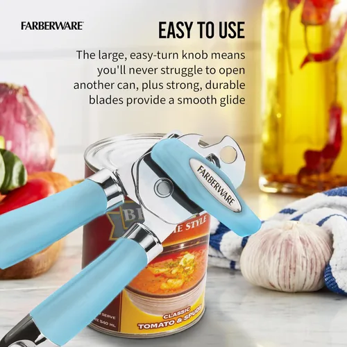 Vista 4 de Farberware Pro2 - Abrelatas manual con abridor de botellas integrado, mango ergonómico, cuchillas afiladas y duraderas, perilla de giro fácil, cielo