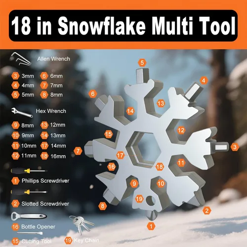 Vista 3 de Juego de Herramientas Multiusos en Forma de Copo de Nieve, 2 Pack - Multiherramienta de Acero Inoxidable 18 en 1 con Mosquetón, Abrebotellas