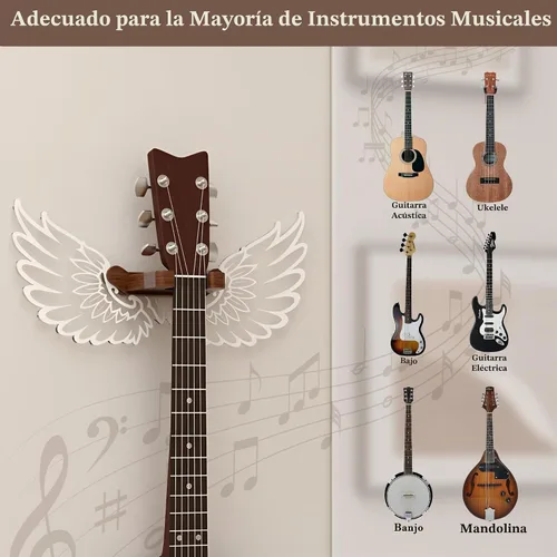 Vista 3 de CoolGift Mart Soporte de Pared para Guitarra con Alas de Ángel Luminosas, Colgador de Guitarra de Madera Acrílica con Alimentación USB