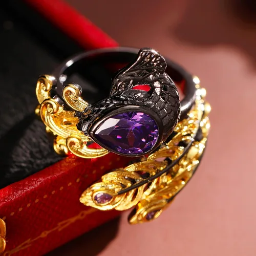 Vista 3 de Gothic Golden Feather Amethyst Rings - Black Peacock Rhinestone Copper Rings