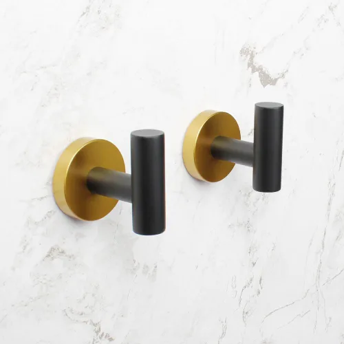 Vista 9 de Juego de accesorios de baño de 3 piezas, color negro y dorado, para montar en la pared, incluye soporte para papel higiénico, 2 ganchos para toallas