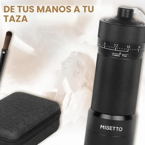 Vista 6 de MISETTO Molinillo de café manual con rebaba cónica de acero inoxidable CNC, ajuste externo ajustable, posicionamiento de doble rodamiento, café