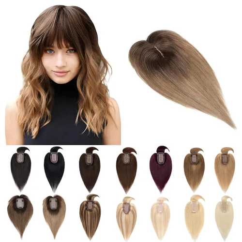 Vista 30 de SEGO Toppers para el cabello para mujer, cabello humano real con flequillo, 2.8 x 5.1 in, base de seda, 100% cabello humano Remy, clip en la parte