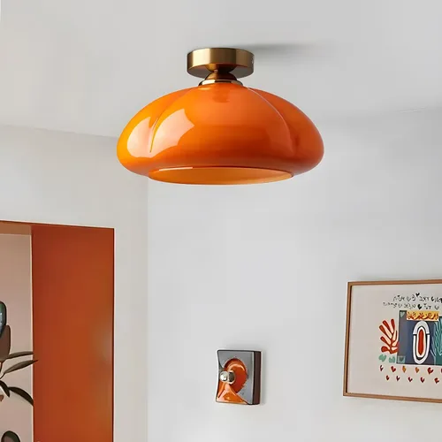 Vista 8 de Lámpara de techo empotrada LED vintage en vidrio amarillo para pasillo - Luz de techo estilo mitad de siglo con pantalla de vidrio acanalada