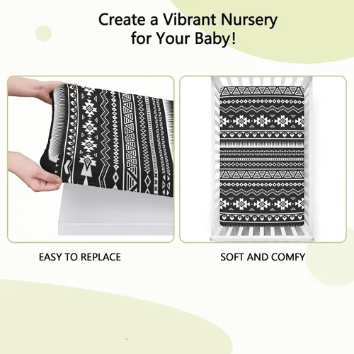 Vista 6 de Sábanas bajeras ajustables para cuna pequeña con temática azteca, sábana portátil para cuna para niño o niña, 24 x 38 pulgadas, color blanco y negro