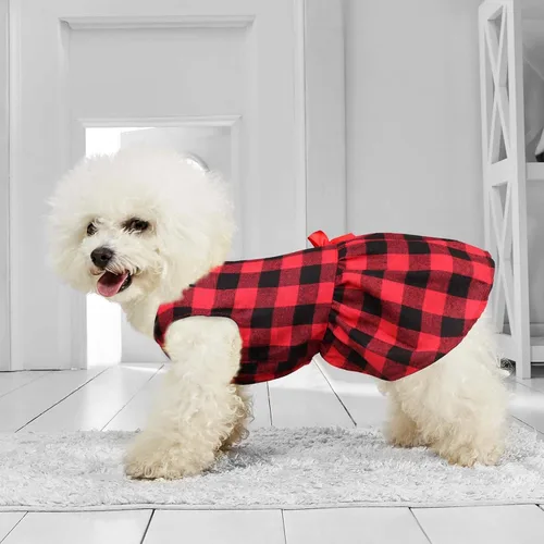 Vista 2 de Vestidos de perro a cuadros de búfalo, ropa de corbatín lindo, ropa de algodón suave para Navidad, disfraz de perro para perros pequeños, ropa