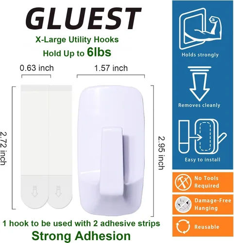 Vista 2 de Ganchos de pared resistentes grandes 6 piezas con 12 tiras adhesivas, gancho de pared removible para colgar, ganchos para colgar abrigos sin daños