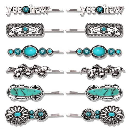 Vista 6 de Pinzas para el cabello con sombrero de vaquera occidental, 8 horquillas vintage de cactus rayo de estrella, turquesa, accesorios para el cabello