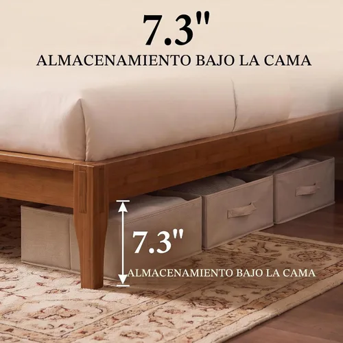Vista 6 de Merax Cama de plataforma de bambú de tamaño completo, marco de cama moderno de mediados de siglo con soporte de listones de madera, no necesita