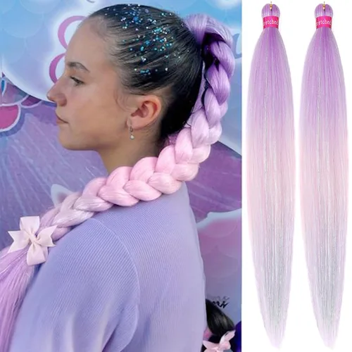 Vista 28 de Cabello trenzado verde con lentejuelas de 26 pulgadas, preestirado, trenzas de textura Yaki, extensiones de cabello pre plumadas, 3 paquetes, fácil