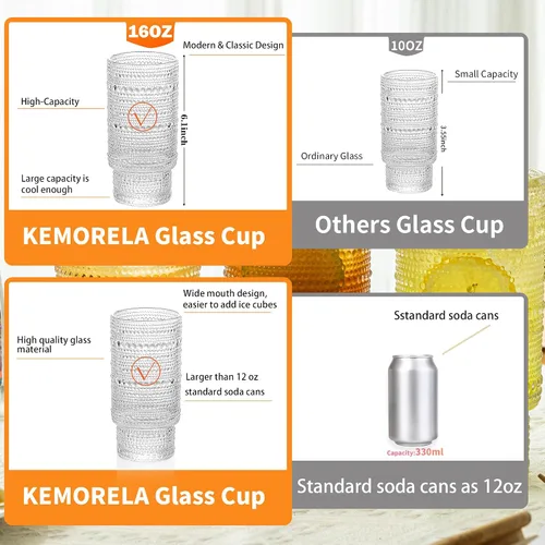 Vista 5 de KEMORELA - Juego de vasos elegantes de alta copa - Vasos XL de 16 oz - Bebidas mixtas, café helado, cerveza, jugo, agua - Diseños de nudos y cuentas