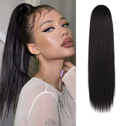 Vista 27 de Barsdar Extensión de cola de caballo marrón oscuro - Extensiones de cola de caballo cortas y rectas de 14 pulgadas con cordón para mujeres