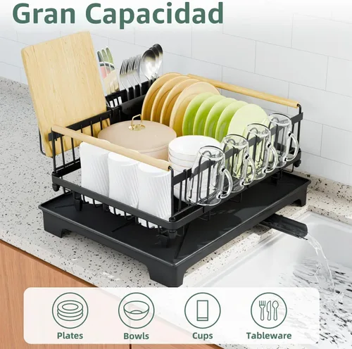 Vista 4 de Escurridor de platos, escurridor con bandeja de goteo automática, escurridor de platos para encimera de cocina, escurridor de platos antioxidante