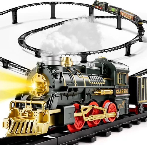 Vista 12 de Juego de tren para niños de 3-5 4-7, juego de juguetes clásicos de tren eléctrico con motor de locomotora, luces y sonido con vapor, rieles