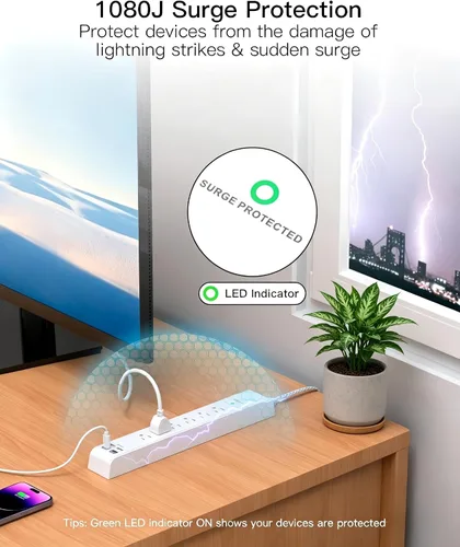 Vista 5 de Paquete de 2 regletas de alimentación, cable de extensión de 3 pies, protector de sobretensiones con 6 tomas de corriente y 4 puertos USB (2 USB C)