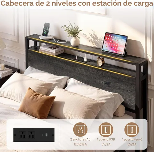 Vista 3 de LIKIMIO Base de cama Queen con cabecero, 2 cajones y estación de carga Gris carbón