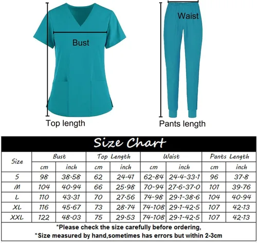 Vista 3 de Conjunto médico clásico para mujer, color liso, cuello en V, camiseta médica y pantalones deportivos para enfermera, con bolsillos