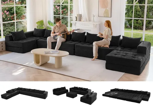 Vista 11 de MAXYOYO Sofá modular seccional, sofá plegable en forma de U con almohadas, sofá tumbona copetudo de 6 asientos sin huesos para sala de estar,