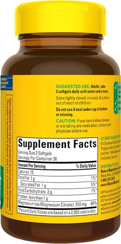 Vista 8 de Nature Made Citrato de magnesio 250 mg por porción (250 mg por cápsulas blandas), 60 recuentos para el soporte nutricional †