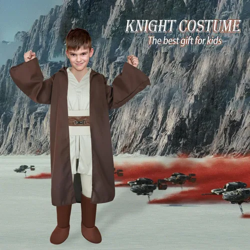 Vista 5 de SOOFILM Knight Costume Tunic Uniform Hooded Robe Set with Sword Halloween Knights Cosplay Outfit