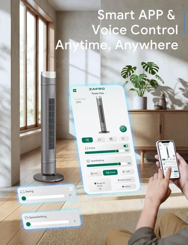 Vista 65 de ZAFRO Ventilador de torre inteligente para dormitorio, ventilador de torre oscilante de 120°, 28 pies/s de alta velocidad, 12 velocidades, 4 modos