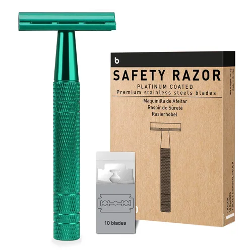 Vista 17 de Maquinilla de afeitar de seguridad azul, navajas de una sola hoja para hombres Reusable Metal Razor, with 10 Platinum Coated Double Edge Blades