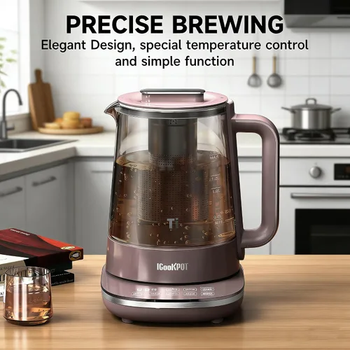 Vista 2 de Hervidor eléctrico de vidrio caliente de titanio de 1500 W con infusor y control de temperatura, hervidor de té de 1.5 L de ebullición rápida