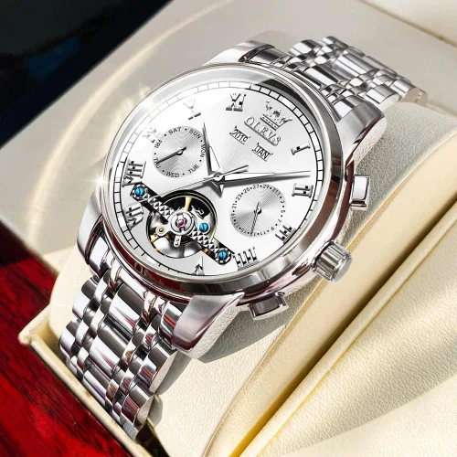 Vista 4 de OLEVS Relojes automáticos de cuerda automática para hombre, fecha y día, calendario, relojes de acero inoxidable, movimiento esquelético