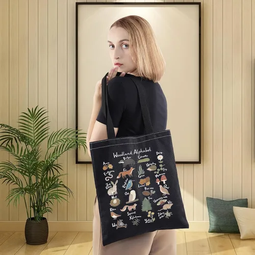 Vista 6 de LEVLO Bolsa de lona con diseño de alfabeto de animales - Bolsa de comestibles con temática de bosque A-Z