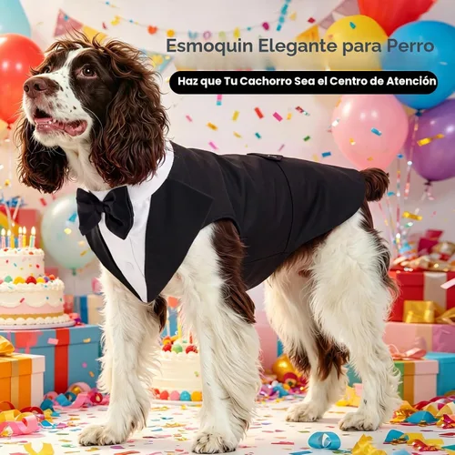 Vista 6 de Kuoser Conjunto de esmoquin para perro, traje de perro y bandana, disfraz Negro