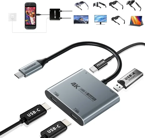 Vista 11 de Guermok Hub de pantalla USB-C dual 4 en 1, video 4K a 60Hz, carga rápida PD 100W y USB 3.0 5Gbps, compatible con gafas AR, Switch 2, computadoras