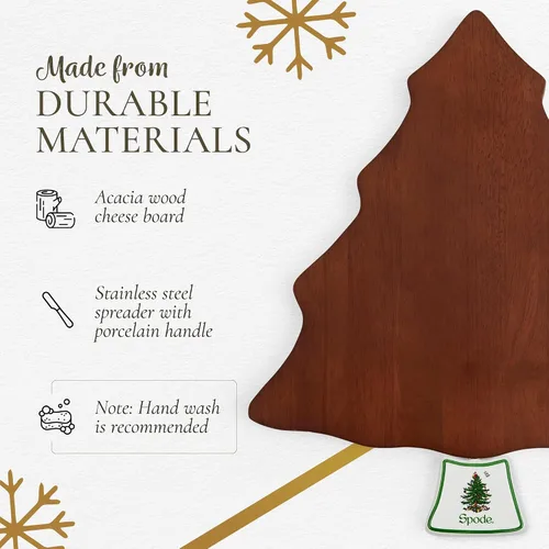 Vista 4 de Spode Juego de tabla y esparcidor de queso de árbol de Navidad (2 piezas) - Tabla de servir queso de madera de acacia de 13 pulgadas con esparcidor